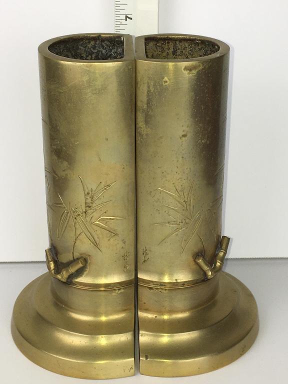 Pair of Chinese Bookends: brass, bamboo decorated, touch marks, semi circle base is 4 1/2" x 3" x 7" h, some pitting and scratches