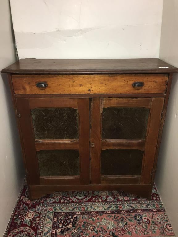 Country Pie Safe: 4 pierced tin panels, pine, with maple front drawer, metal pulls, one shelf inside, 38" l x 14" d x 39" h some restoration needed, front right door has replaced piece, missing part of hinge, side of d
