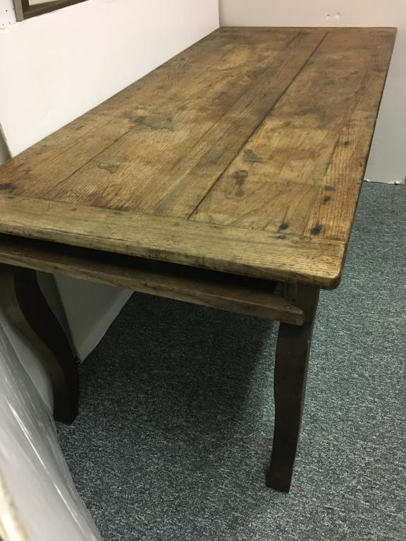 Country Table, breadboard ends: pegged, 39" l slide out end for extra seating, scrolled skirt, 70 3/4" l x 31 1/4" w x 30" h married top and base, evidence of beetle worm holes underneath