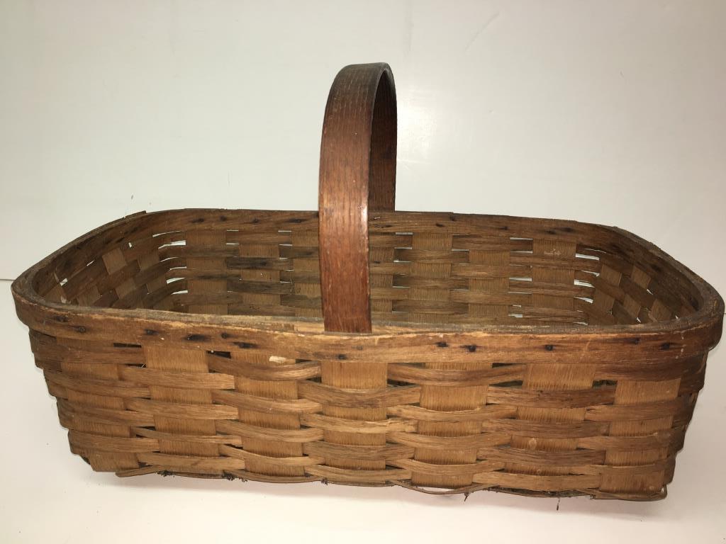 Splint Herb Basket: painted C.E.H. on handle, 2 wooden straps on under side, 21 3/4" L x 13" w x 12 1/2" h minor damage, corner damage