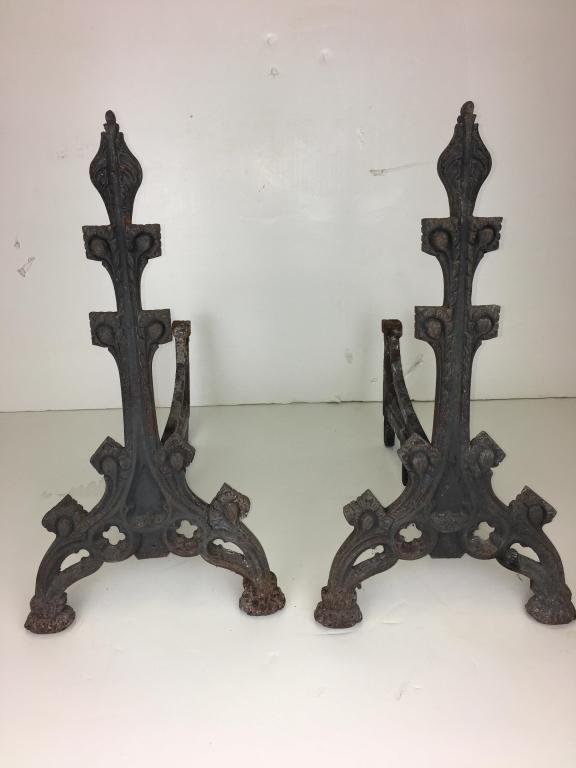 Coalbrookdale Gothic Style Andirons: Coalbrookdale & Co, decorative, marked Reg # 1214, Ceret April 20, 1852, andirons measure 11" w x 21" h, rails measure 8 1/4" w x 15" l, design registered on 29th April 1842 at the Office of Registry 