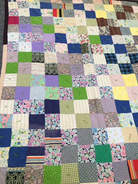 Vintage Handmade Quilt: multi squares and colored patchwork, cotton batting lining, 94" x 72" good