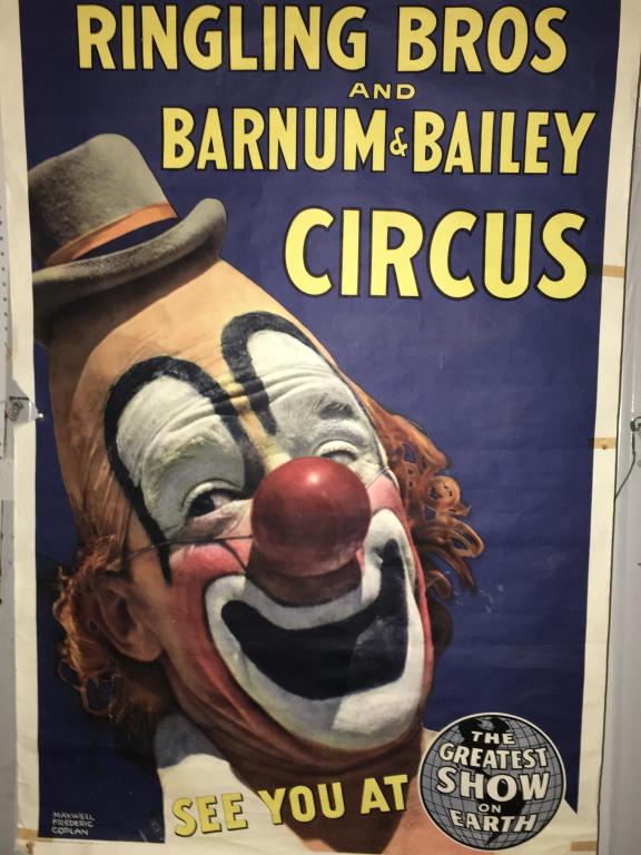 Ringling Bros. Poster: clown face, Maxwell Frederic Coplan, R. Bros & Barnum & Bailey Combined Shows Inc, on right Litho USA, 42" x 28" w (black frame not included) damaged, torn, staple marks, piece missing