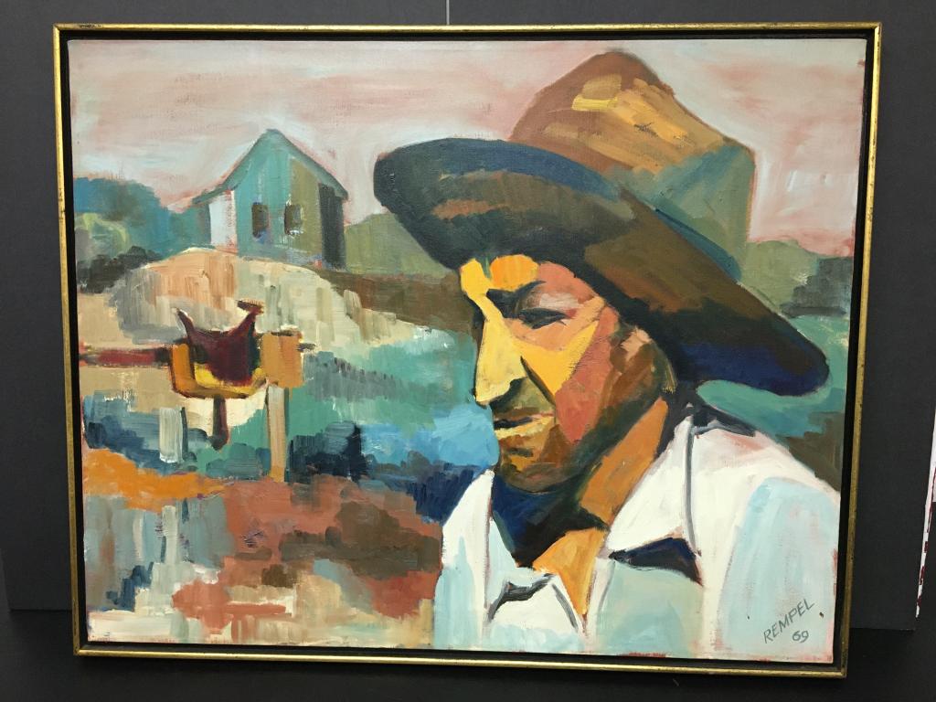 Oil: western scene by Rempel: man with hat and saddle, signed lower right Rempel '69, 30" x 24" h, rth, 1/2" painted gold color frame spotting on back of canvas