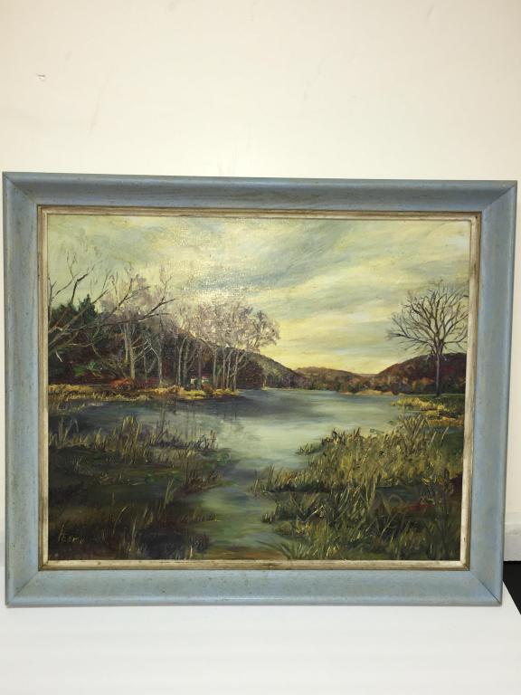 Oil: Beaver Dam by Helen Edkin: oil on board, signed lower left Helen Edkin 1962, near Lairdsville, PA, 24" x 20", overall 27 1/4" x 23 1/2" rth, needs cleaning
