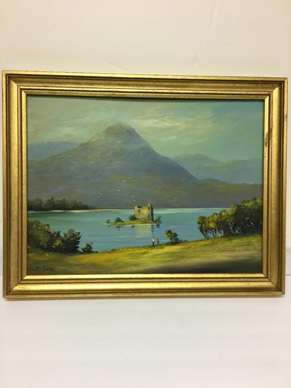 Oil: Lake by McGann: on masonite board, signed lower left, gold color frame stamped Made in Italy, 15 1/2" x 11 1/2" w with 1 1/2" frame, rth, good condition
