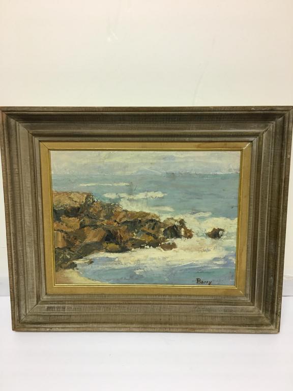 Oil: Seascape by Barry Allen: on board, signed lower right Barry, on back in pencil artist Barry Allen, entitled The Big Splash, dated 1/22/69, 16" x 12" with 1" liner and 3" wood frame, overall 22" x 18," rth, good