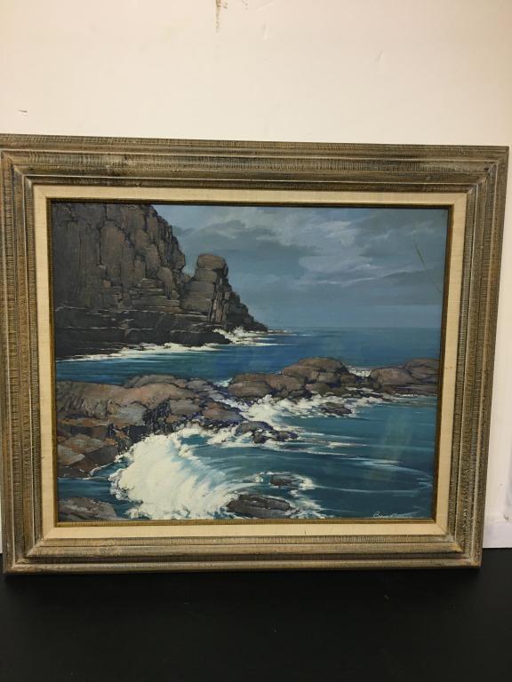 Oil: Seascape by Ben Collins: on board, signed lower right, 26" x 22" h overall 31" x 27", rth, frame stamped Hecho En Mexico good