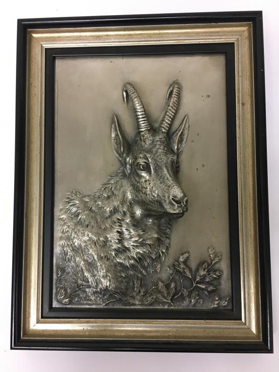 Bas Relief of Goat by Fritz Diller: alpine mountain in silvered copper bronze, signed lower left Diller, Fritz Diller (175-1945) German, 7 3/4" w x 11 1/8" h, black metal frame overall 10" w x 13 1/2" h, rth minor scratches and pitting