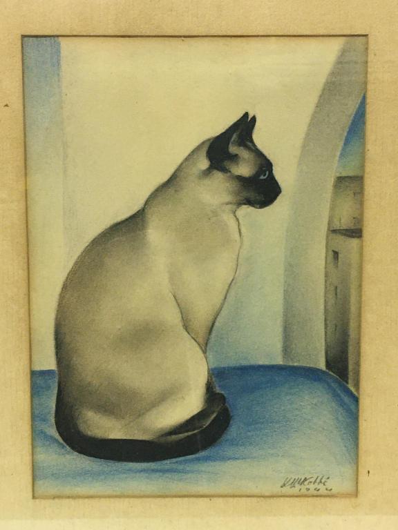 Siamese Cat by Wm Kotbe: charcoal, chalk, signed lower right Wm Kotbe? 1944, 9" x 12 1/2" with 3 1/4" mat, overall 17 1/4" x 21 1/4", under glass, rth faded mat, damaged frame