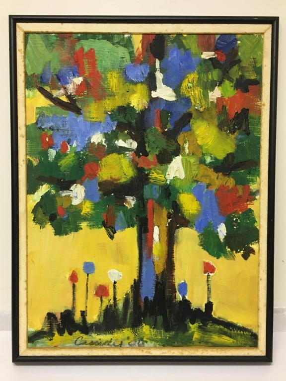 Oil: Tree by Cassidy: on masonite board, textured paint, signed lower left Cassidy 62, 18" x 24" with 1 1/2" frame, overall 20" x 26", rth stained lining