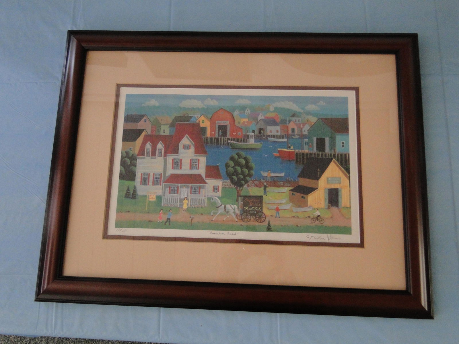 Color Print by Steven Klein: Village scene, Harbor Road, under glass, 2 1/2" mat, 1 3/4" beveled wooden frame