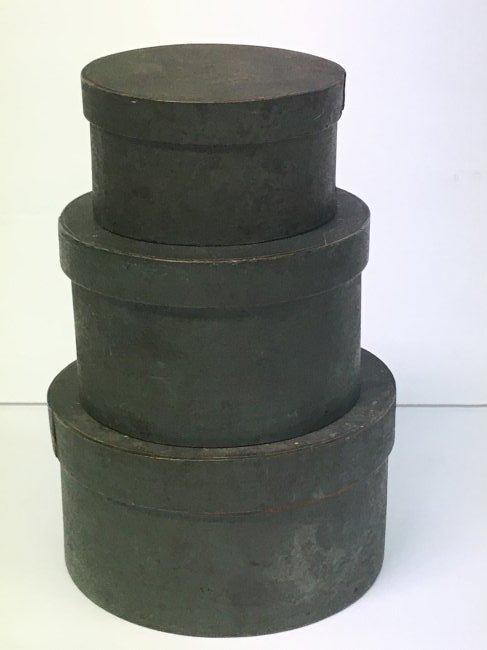 3 Graduated Pantry Boxes: round, old blue/green paint, lids are a snug fit, 3 1/4" d x 2"; 4" d x 2 1/2" and 4 3/4" d x 2 1/2"