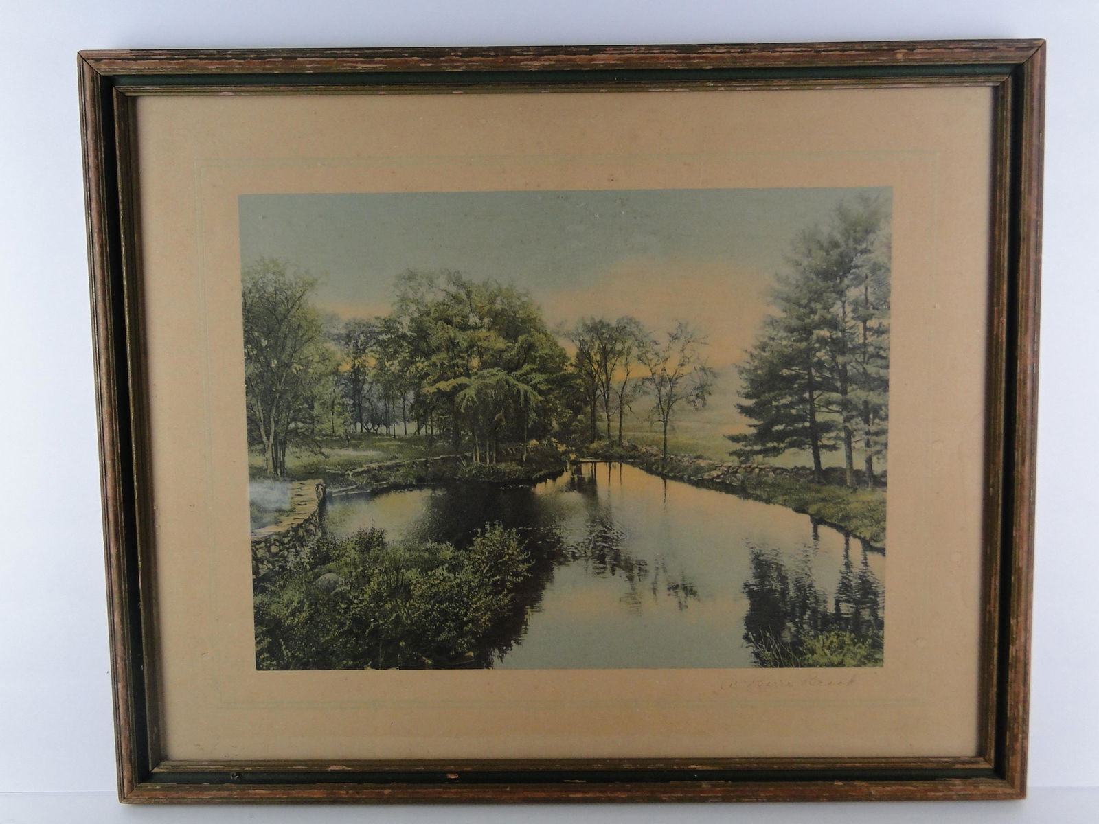 A Barre Brook by Wallace Nutting: title lower right, on reverse label says "A Barre Brook # 3497 in process color by Wallace Nutting, framed under glass, 15" x 11" with 2 1/2" mat and 1" frame