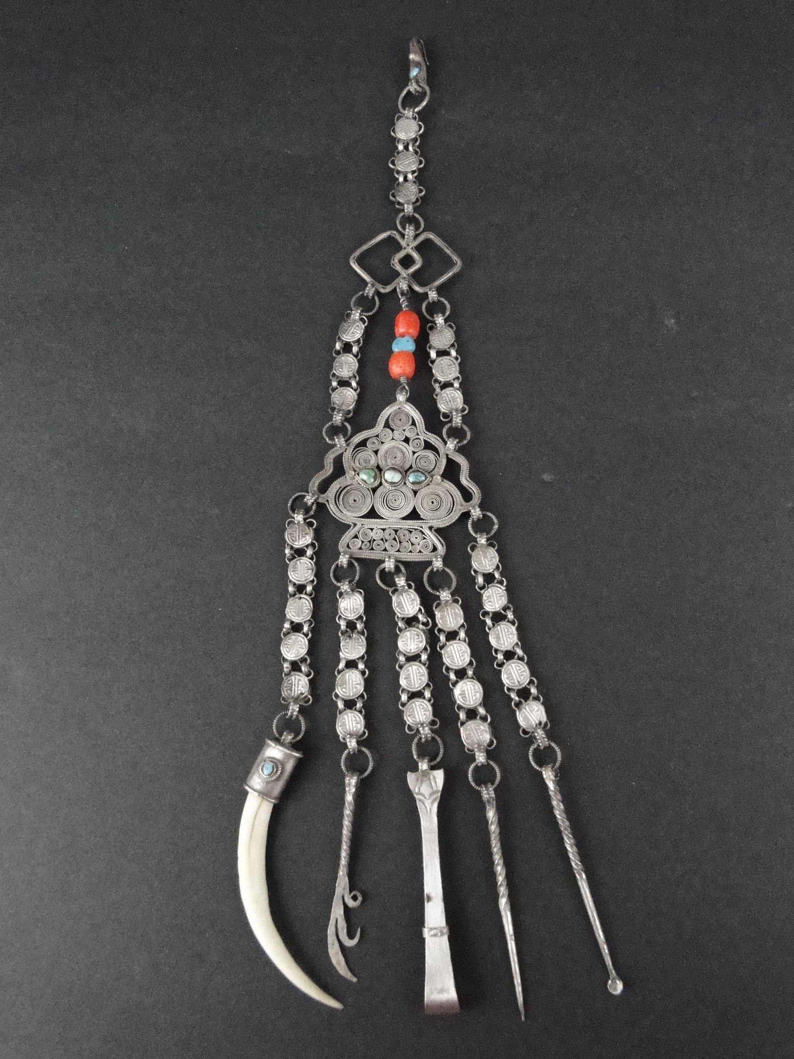 Chinese Silver Chatelaine: tested sterling, with 5 opium tools, 2 carnelian beads with 6 turquoise beads, pendant 2", tools are 2 1/2 - 3" l