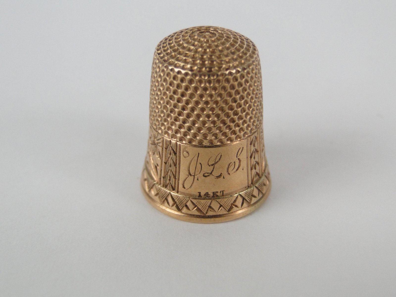 14K Initialed Thimble: marked 14KT under JLS initials , yellow gold