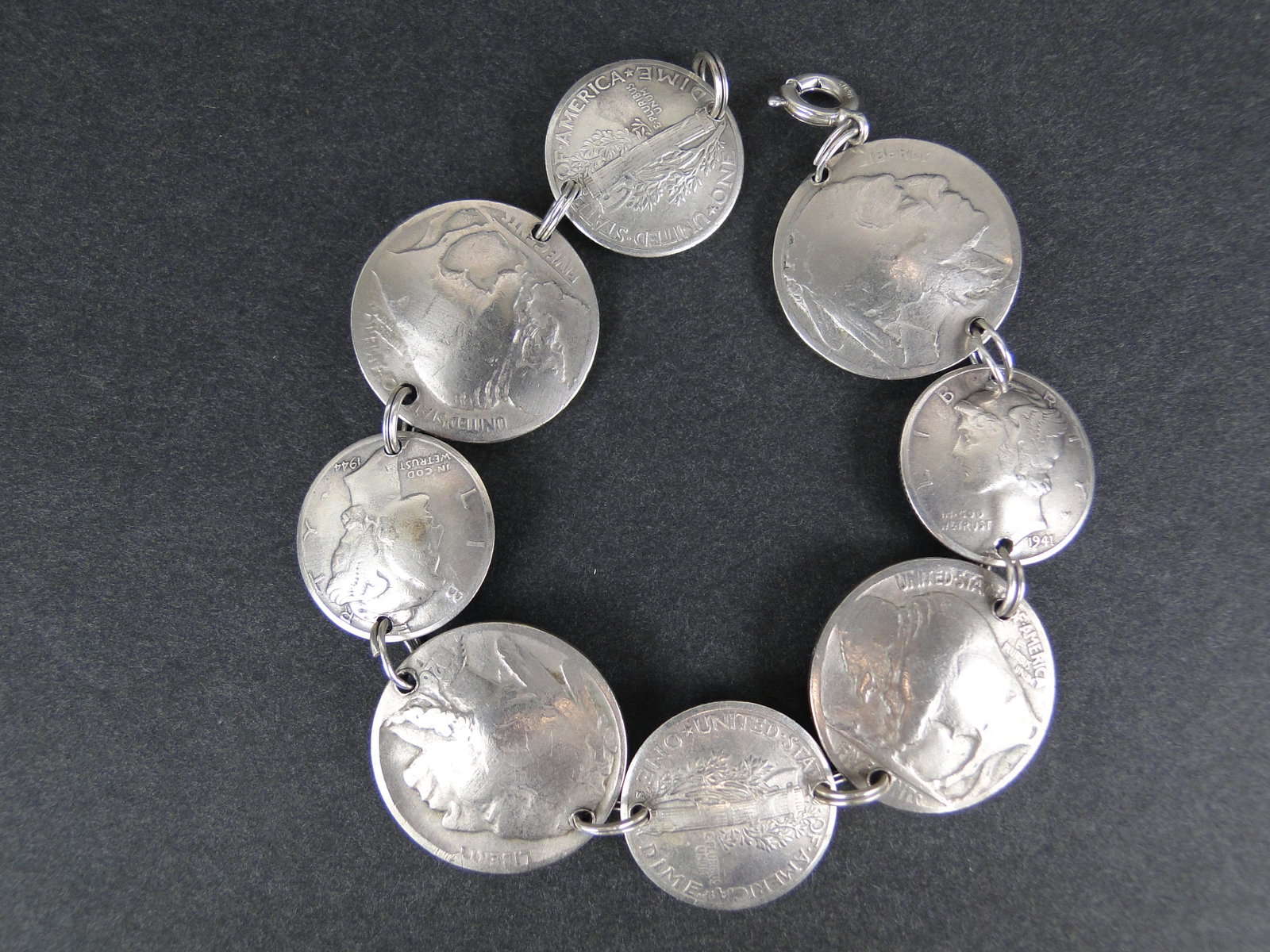American Coin Bracelet: 4 Silver Dimes and 4 Buffalo Nickels, with spring ring