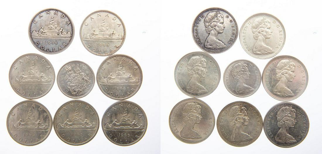 Canada 8 Silver Coins 7 1$ 1966 KM-64.1 , 6 BU: Canada 8 Silver Coins 7 1$ 1966 KM-64.1 , 6 BU condition , 1 AU 50 Cent 1965 KM-63 BU Total weight 4.5 OZ , 127.5 Gr, .800