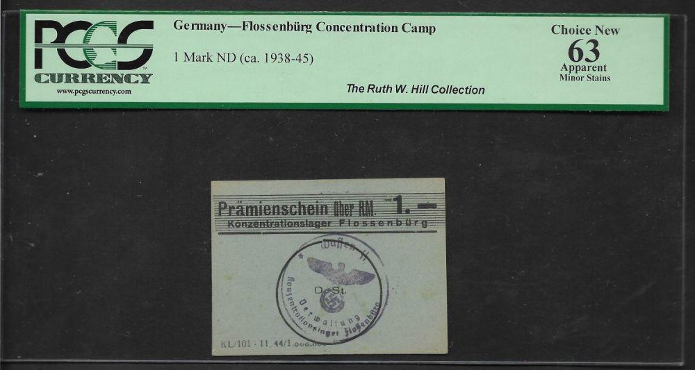 Germany Flossenburg Camp 1 Mark note 1939-1945 Campbell: Germany Flossenburg Camp 1 Mark note 1939-1945 Campbell 3972b in PCGS UNC 63 EX : Ruth Hill Collection