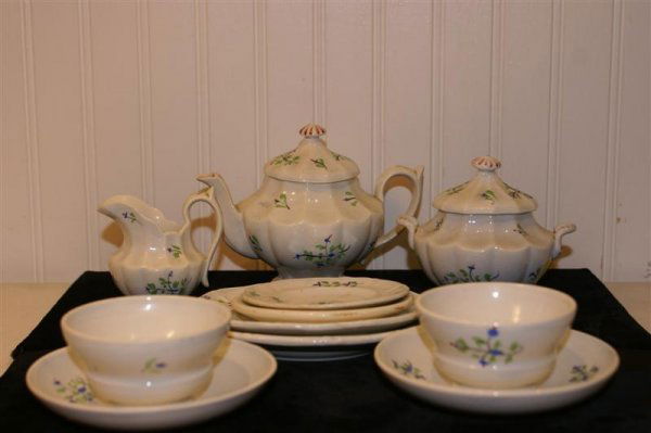 19th C English Child's Tea Set: 19th C English Child's Tea Set, Sprig decorated; including Teapot, Creamer, Sugar, 2 Cups, 4 Plates, - 2 & 2