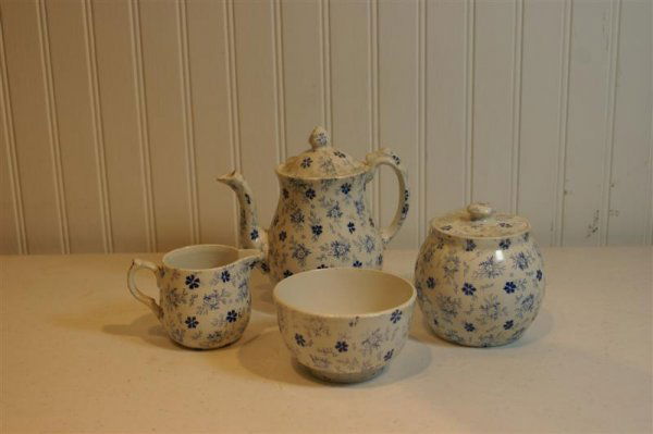 19th C English Child's Tea Set: 19th C English Child's Tea Set, Ironstone, Blue transfer decoration, H & K, "Pompadore" pattern, teapot, cream, sugar, waste, biscuit barrel, 3 cups, 5 saucers, 6 plates