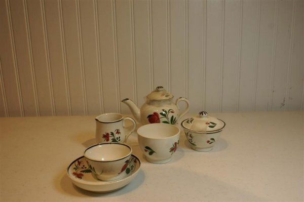 19th C Child's China Tea Set, unmarked: 19th C Child's China Tea Set, unmarked; teapot (lid reapire & rim chip), cream, sugar (lid has rim repair), waste (repaired), 5 cups & 5 saucers (2 saucers have base rim chips)