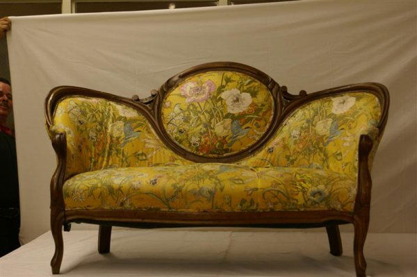 Pr. Walnut Vict. Balloon Back Settees: Pr. Walnut Victorian Balloon Back Settees, 34 ½" tall, 58" wide, 26"deep, 15" seat to floor