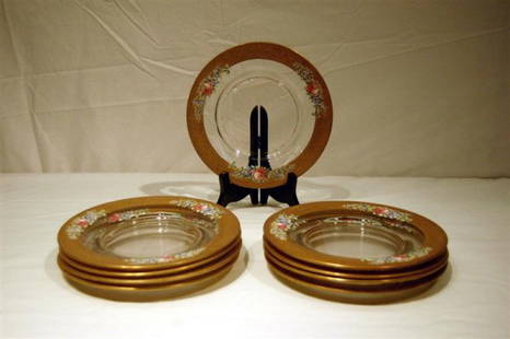 NINE CRYSTAL DESSERT PLATES: NINE CRYSTAL DESSERT PLATES WITH GOLD BORDER & ENAMEL DECORATION – GROUND & POLISHED BASES- 8 ½"
