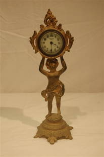 NEW HAVEN FIGURAL CLOCK: NEW HAVEN FIGURAL CLOCK, VICTORIAN, GILT METAL – 12" TALL