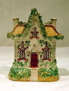 STAFFORDSHIRE POTPOURRI: STAFFORDSHIRE POTPOURRI, ENGLISH COTTAGE MOTIF – 5" TALL, 4" WIDE, 2" DEEP