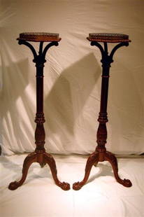 PR FERNSTANDS: PR CHIPPENDALE STYLE FERNSTANDS, MAHOGANY WITH OCTAGON SHAPED BRASS GALLERY TOPS, BALL & CLAW FEET – 53" TALL, 12" ACROSS TOPS