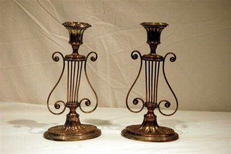 PR SHEFFIELD CANDLESTICKS: PR SHEFFIELD CANDLESTICKS, SILVER ON COPPER, 10" TALL, 5" ACROSS BASE