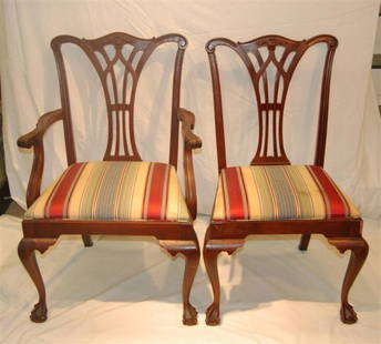 6 MAHOGANY DINING CHAIRS: SIX MAHOGANY DINING CHAIRS, CHIPPENDALE STYLE, 39" TALL, 25" ACROSS ARMS, 15" SEAT TO FLOOR