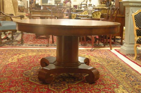 ROUND EMPIRE DINING TABLE: ROUND EMPIRE DINING TABLE, AMERICAN, MAHOGANY – 29" TALL, 53" DIA – NO LEAVES