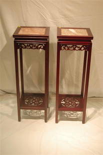 PR CHINESE FERN STANDS: PR CHINESE FERN STANDS, ROSEWOOD WITH MARBLE INSET TOPS – 11 ¾" SQUARE, 36" TALL