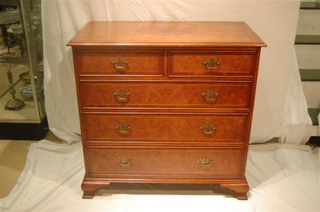 YEWWOOD 5-DRAWER CHEST: YEWWOOD 5-DRAWER CHEST, ENGLISH CHIPPENDALE STYLE WITH BANDED TOP & OGEE BRACKET FEET – 37 ½" TALL, 38 ½" WIDE, 20" DEEP