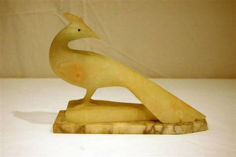 ALABASTER PHEASANT: CARVED ALABASTER PHEASANT ON MARBLE BASE – 7" TALL, 9" LONG