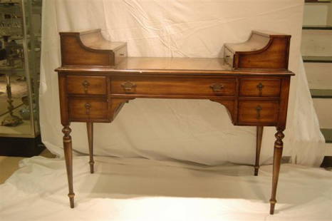 STRING INLAID CARLTON DESK: STRING INLAID CARLTON DESK IN WALNUT – 37" TALL, 43" WIDE, 18 ¾" DEEP