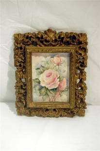 PORCELAIN PLAQUE: HAND DECORATED PORCELAIN PLAQUE IN GILT COMPOSITION FRAME, ARTIST SIGNED – TILE MEASURES 6 ¼" X 4 ½"