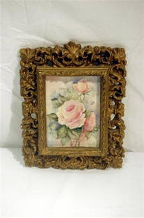 PORCELAIN PLAQUE: HAND DECORATED PORCELAIN PLAQUE IN GILT COMPOSITION FRAME, ARTIST SIGNED – TILE MEASURES 6 ¼" X 4 ½"