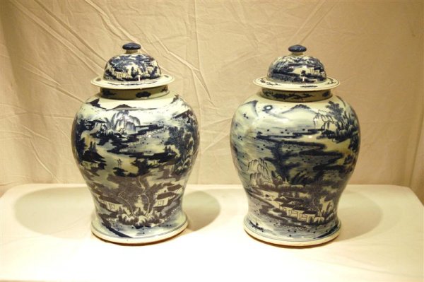 PAIR OF LARGE BLUE CANTON COVERED GINGER JARS - M
