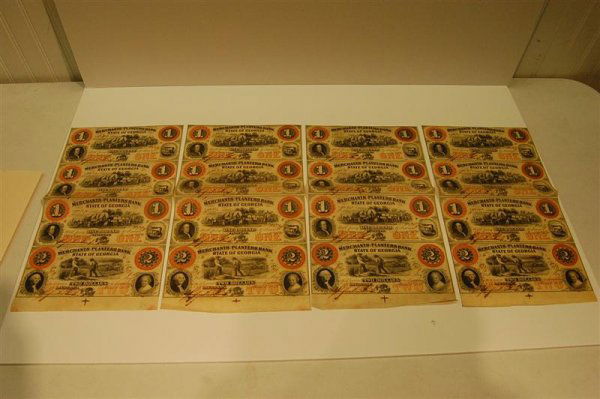 4 SHEETS OF 4 - 1859 UNCUT BILLS: FOUR SHEETS OF FOUR 1859 UNCUT BILLS; MERCHANTS PLANTERS BANK, STATE OF GEORGIA, SAVANNAH - ONE, TWO DOLLAR BILLS