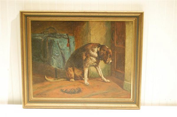 ENGLISH OIL ON CANVAS - DOG AT DOORWAY - SIGNED M.A