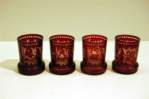 FOUR RUBY BOHEMIAN CORDIALS - 2 1/4" HIGH