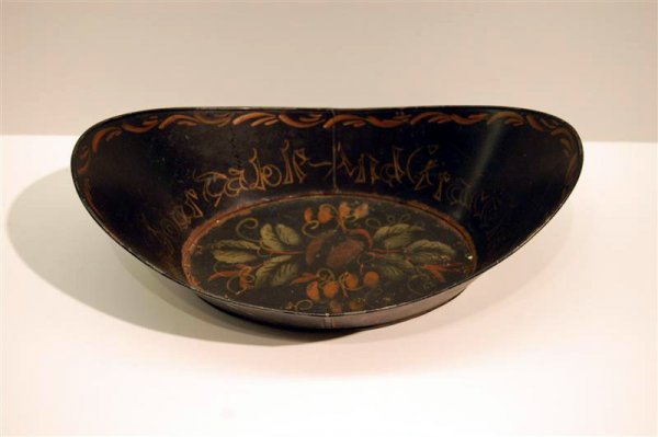 DECORATED TOLE BREAD BOWL - 11" LONG, 7 1/2" ACROSS