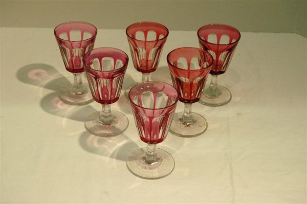 SIX RUBY CUT TO CLEAR CORDIALS - 4 1/2" X 2 5/8" I