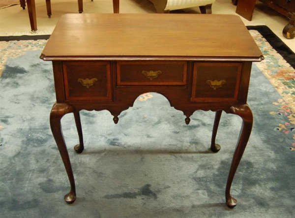 QUEEN ANNE STYLE MAHOGANY INLAID LOWBOY, WITH 3 DR
