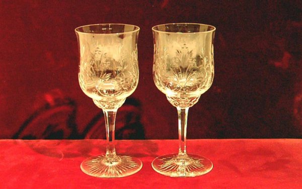 SIX ENGRAVED CRYSTAL WINE GOBLETS - FLORAL - 5 1/2 - 2