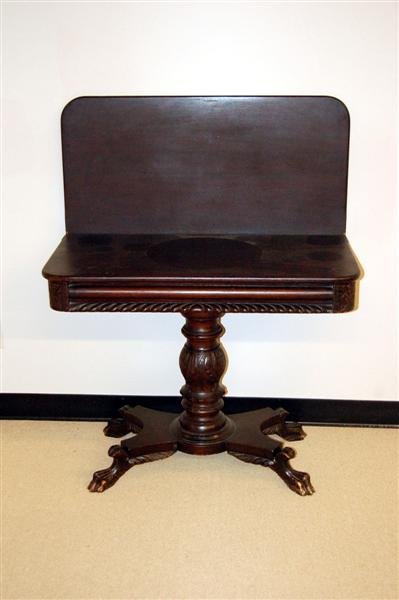 MAHOGANY EMPIRE STYLE LIFT LID CARD TABLE WITH CAR