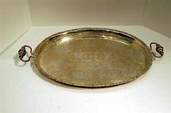 OVAL SILVER ON COPPER TRAY WITH HANDLES - 24"